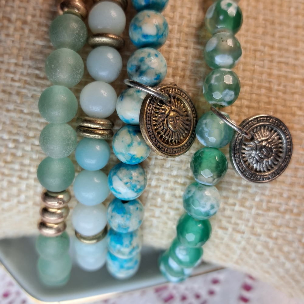 Coordinating Seafoam/Aqua & Goldtone Boho Stacking Bracelet Set Of Four